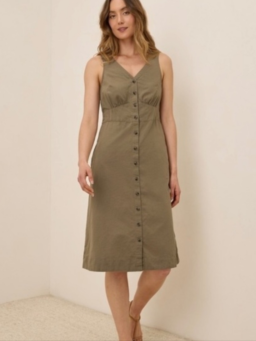 Pact Olive-Green Button-Front Linen-Blend Midi Dress